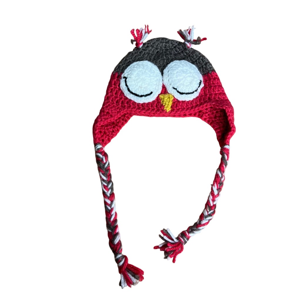 Crochet Owl Kids Beanie‎ Winter Hat Braided Ties Warm Knit Cap See Measurements
